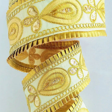 Beige Art Silk Trim With Antique Gold Embroidered Trim, Floral Embroidered Trim, Decorative Trim